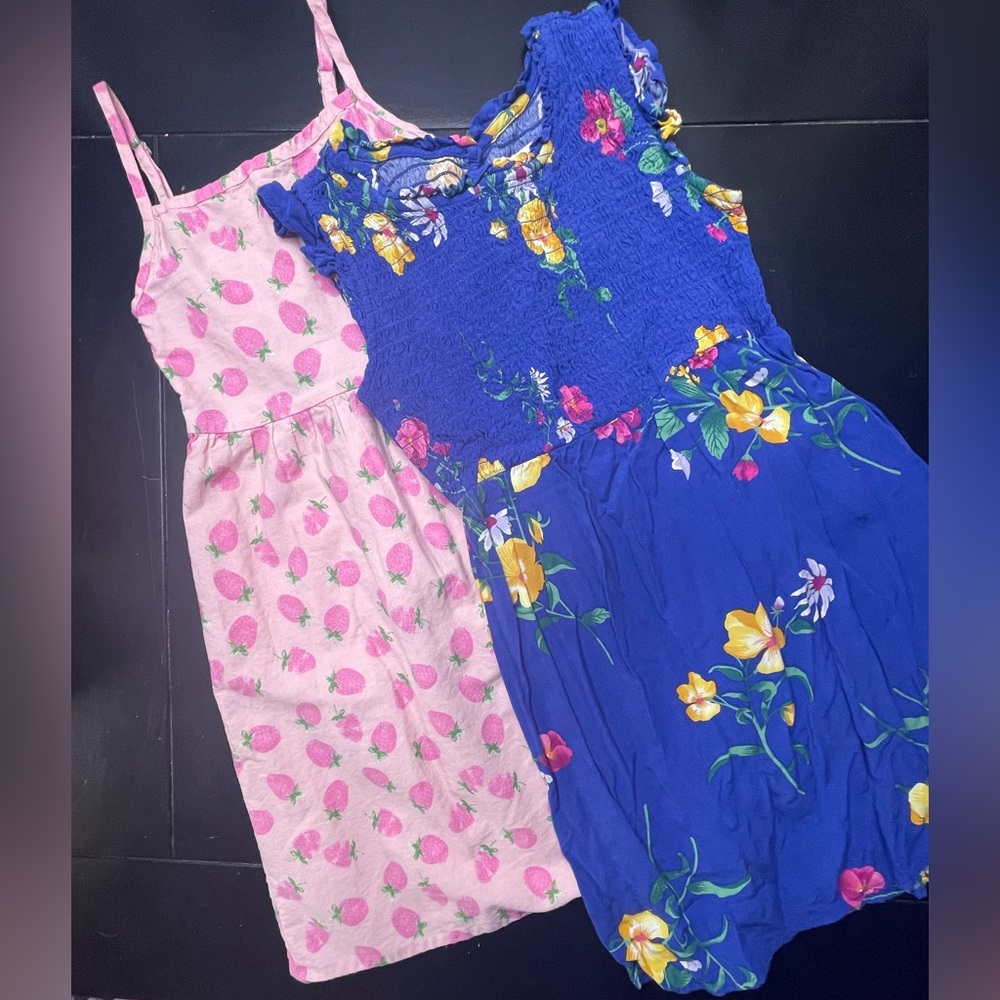 Girls bundle 6-7 small blue Floral and Strawberry Print Dresses